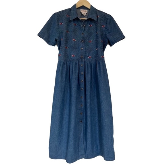 Vintage Dresses & Skirts - Vintage Women's V.I.Petites Denim Midi Collared Dress Floral Embroidery Bodice